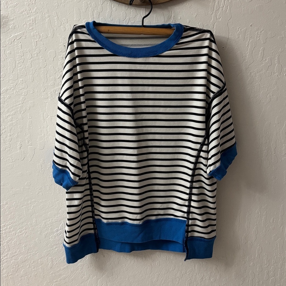 Free people duupe short sleeve sweater tee black white blue stripes small - Picture 2 of 4